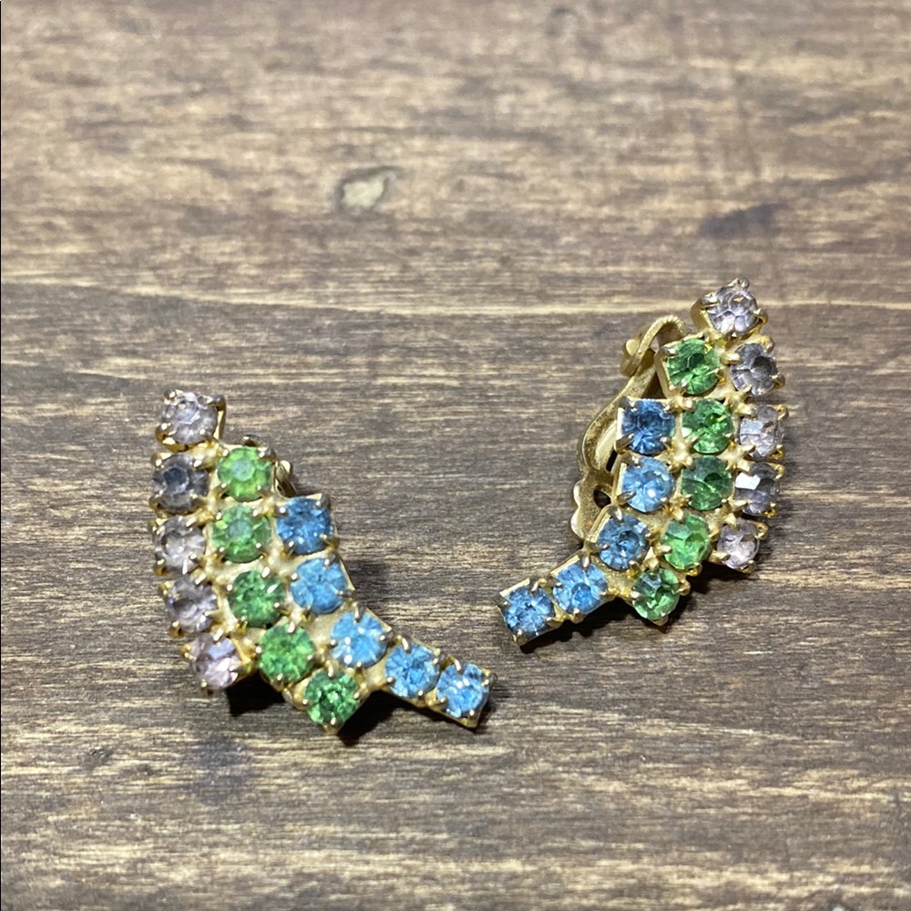 Vintage Uranium Glass Blue, Green and Clear Crescent Clip-On Earrings